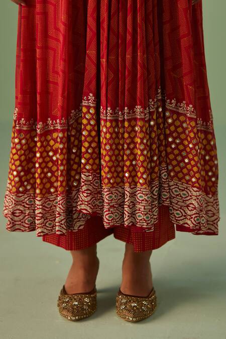 Surbhi Gupta Red Bamboo, Georgette, Denim, Organza Chevron Print Anarkali Trouser Set at Aza Fashions Surbhi Gupta_Red Bamboo, Georgette, Denim, Organza Chevron Print Anarkali Trouser Set _at_Aza_Fashions