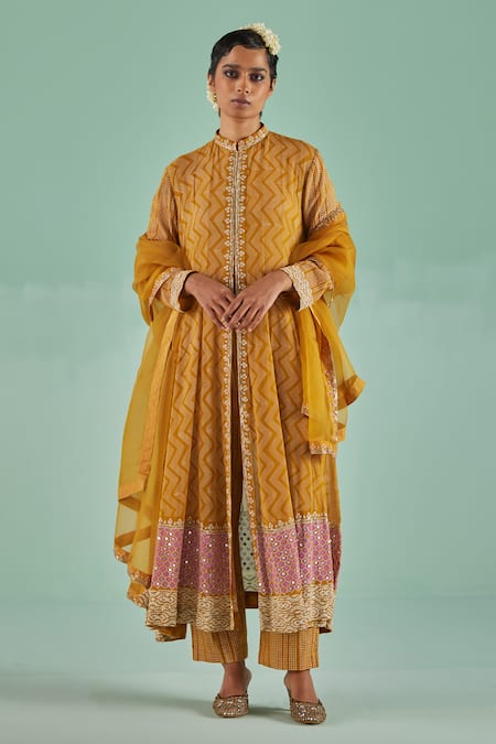 Surbhi Gupta Yellow Anarkali Bamboo Georgette Print Chevron Block Trouser Set  