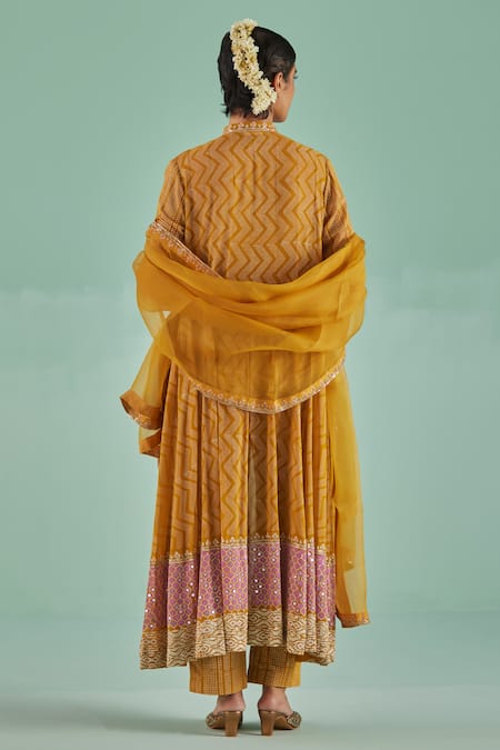 Shop Surbhi Gupta Yellow Bamboo, Georgette, Organza Chevron Block Print Anarkali Trouser Set at Aza Fashions Shop_Surbhi Gupta_Yellow Bamboo, Georgette, Organza Chevron Block Print Anarkali Trouser Set _at_Aza_Fashions