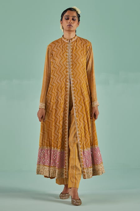 Surbhi Gupta Yellow Bamboo, Georgette, Organza Chevron Block Print Anarkali Trouser Set Online at Aza Fashions Surbhi Gupta_Yellow Bamboo, Georgette, Organza Chevron Block Print Anarkali Trouser Set _Online_at_Aza_Fashions