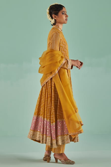 Buy Surbhi Gupta Yellow Bamboo, Georgette, Organza Chevron Block Print Anarkali Trouser Set Online at Aza Fashions Buy_Surbhi Gupta_Yellow Bamboo, Georgette, Organza Chevron Block Print Anarkali Trouser Set _Online_at_Aza_Fashions