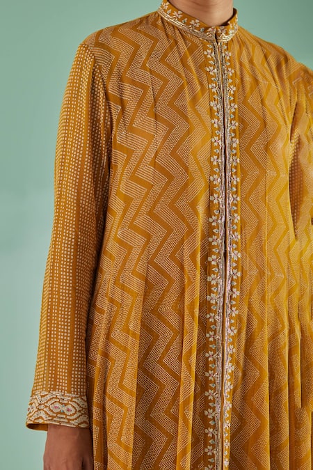 Shop Surbhi Gupta Yellow Bamboo, Georgette, Organza Chevron Block Print Anarkali Trouser Set Online at Aza Fashions Shop_Surbhi Gupta_Yellow Bamboo, Georgette, Organza Chevron Block Print Anarkali Trouser Set _Online_at_Aza_Fashions