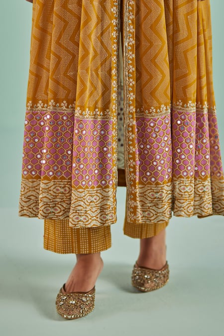 Surbhi Gupta Yellow Bamboo, Georgette, Organza Chevron Block Print Anarkali Trouser Set at Aza Fashions Surbhi Gupta_Yellow Bamboo, Georgette, Organza Chevron Block Print Anarkali Trouser Set _at_Aza_Fashions