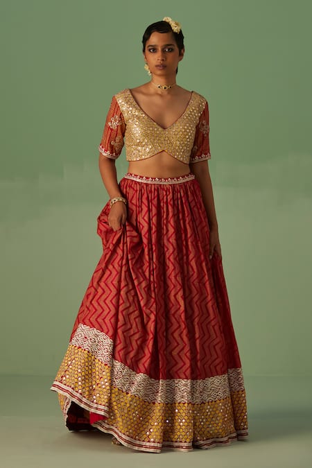 Surbhi Gupta Red Blouse And Lehenga - Bamboo Silk Print Chevron V Neck Set 