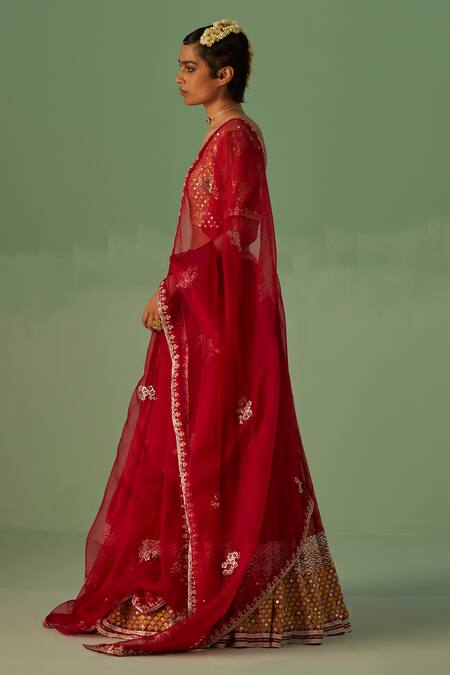 Shop Surbhi Gupta Red Bamboo, Organza Mirrors, Embroidery V-neck Chevron Print Lehenga Set Online at Aza Fashions Shop_Surbhi Gupta_Red Bamboo, Organza Mirrors, Embroidery V-neck Chevron Print Lehenga Set _Online_at_Aza_Fashions