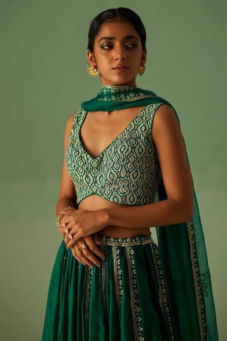 Surbhi Gupta Green Bamboo, Organza, Silk Diamonds, Placement Dabka Embellished Lehenga Set Online at Aza Fashions Surbhi Gupta_Green Bamboo, Organza, Silk Diamonds, Placement Dabka Embellished Lehenga Set _Online_at_Aza_Fashions