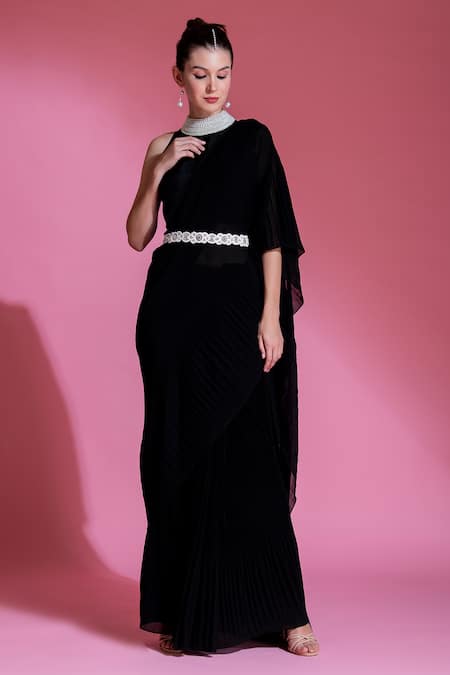 Preeti Mehta_Black Georgette Pearls, Beads High Pleated Saree With Placement Work Blouse _at_Aza_Fashions