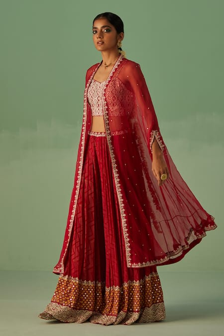 Surbhi Gupta Red Cape Organza Print Mirror Placement Embellished Sharara Set  