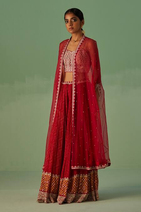 Surbhi Gupta Red Denim, Bamboo, Georgette Embroidery, Placement Embellished Cape Sharara Set at Aza Fashions Surbhi Gupta_Red Denim, Bamboo, Georgette Embroidery, Placement Embellished Cape Sharara Set _at_Aza_Fashions