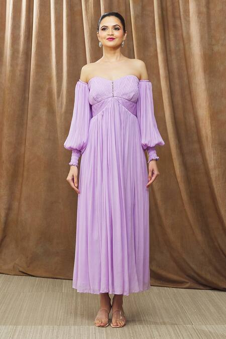 Bump Loving_Purple Viscose, Polyester Crystals Sweetheart Ariel Off-shoulder Maternity Gown _Online_at_Aza_Fashions