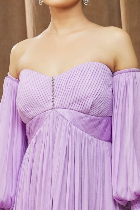 Bump Loving_Purple Viscose, Polyester Crystals Sweetheart Ariel Off-shoulder Maternity Gown _at_Aza_Fashions