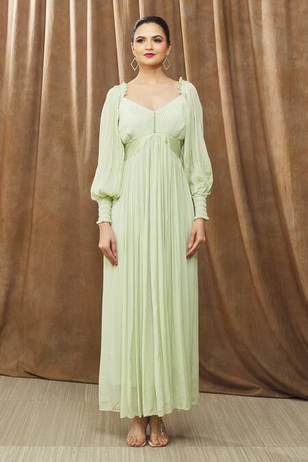 Bump Loving Green Viscose, Polyester Crystals V-neck Lottei Draped Maternity Gown at Aza Fashions Bump Loving_Green Viscose, Polyester Crystals V-neck Lottei Draped Maternity Gown _at_Aza_Fashions