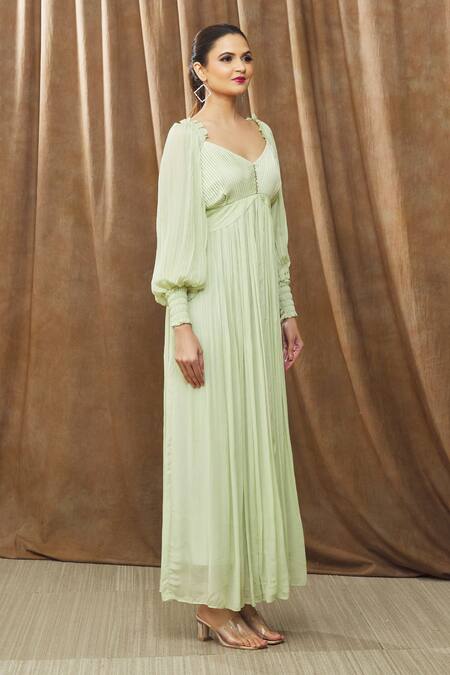 Bump Loving Green Viscose, Polyester Crystals V-neck Lottei Draped Maternity Gown Online at Aza Fashions Bump Loving_Green Viscose, Polyester Crystals V-neck Lottei Draped Maternity Gown _Online_at_Aza_Fashions