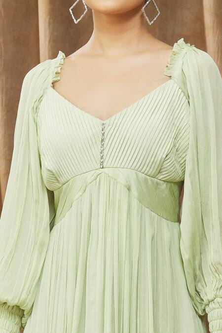 Shop Bump Loving Green Viscose, Polyester Crystals V-neck Lottei Draped Maternity Gown Online at Aza Fashions Shop_Bump Loving_Green Viscose, Polyester Crystals V-neck Lottei Draped Maternity Gown _Online_at_Aza_Fashions