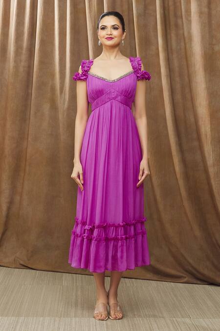 Bump Loving_Purple Viscose, Polyester Crystals V-neck Hand Embroidered Ruffle Dress _Online_at_Aza_Fashions