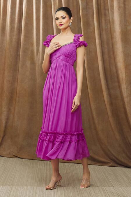 Buy_Bump Loving_Purple Viscose, Polyester Crystals V-neck Hand Embroidered Ruffle Dress _Online_at_Aza_Fashions