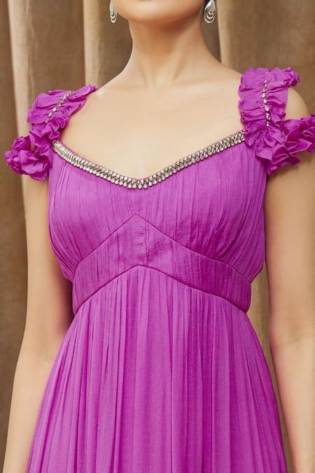 Bump Loving_Purple Viscose, Polyester Crystals V-neck Hand Embroidered Ruffle Dress _at_Aza_Fashions