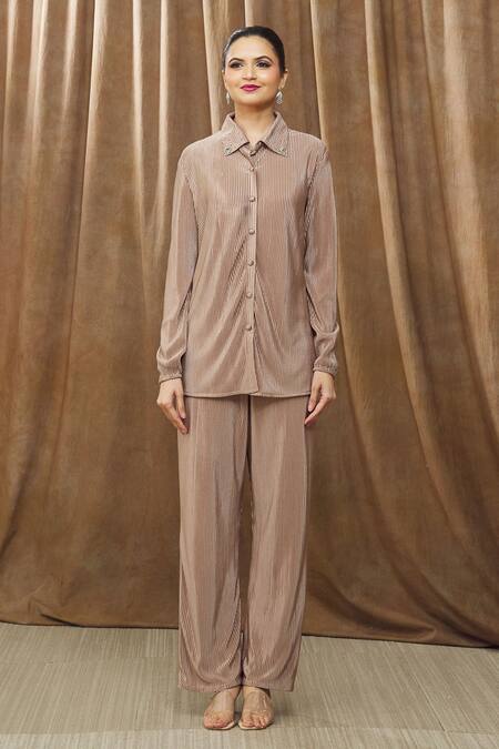 Bump Loving Grey Satin, Polyester Crystals Collared Ara Maternity Shirt And Pant Co-ord Set Online at Aza Fashions Bump Loving_Grey Satin, Polyester Crystals Collared Ara Maternity Shirt And Pant Co-ord Set_Online_at_Aza_Fashions