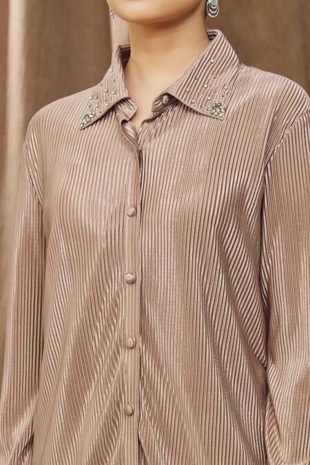 Shop Bump Loving Grey Satin, Polyester Crystals Collared Ara Maternity Shirt And Pant Co-ord Set Online at Aza Fashions Shop_Bump Loving_Grey Satin, Polyester Crystals Collared Ara Maternity Shirt And Pant Co-ord Set_Online_at_Aza_Fashions