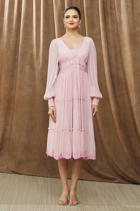 Bump Loving_Pink Viscose, Georgette, Polyester, Satin Violah Tiered Frill Maternity Dress _Online_at_Aza_Fashions