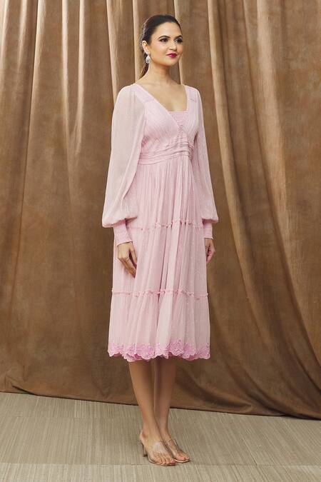 Buy_Bump Loving_Pink Viscose, Georgette, Polyester, Satin Violah Tiered Frill Maternity Dress _Online_at_Aza_Fashions