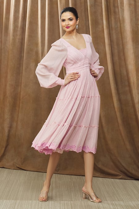 Shop_Bump Loving_Pink Viscose, Georgette, Polyester, Satin Violah Tiered Frill Maternity Dress _Online_at_Aza_Fashions