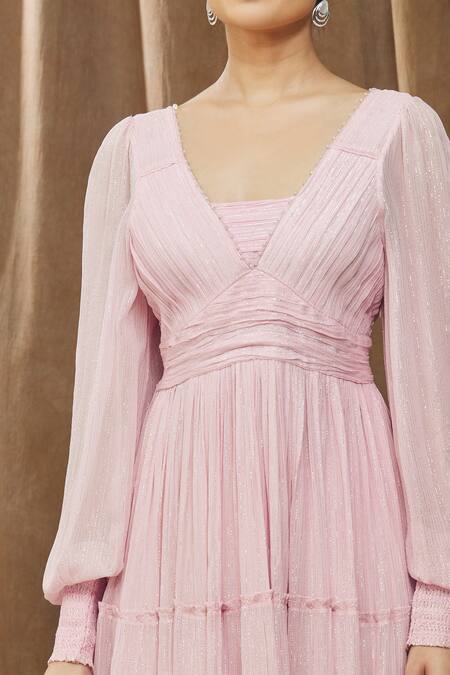 Bump Loving_Pink Viscose, Georgette, Polyester, Satin Violah Tiered Frill Maternity Dress _at_Aza_Fashions