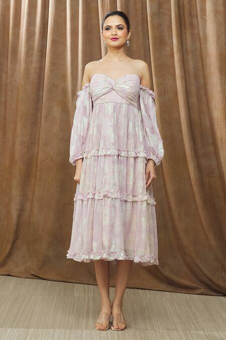 Bump Loving Purple Viscose, Georgette, Polyester, Satin Pixie Draped Bodice Maternity Dress at Aza Fashions Bump Loving_Purple Viscose, Georgette, Polyester, Satin Pixie Draped Bodice Maternity Dress_at_Aza_Fashions