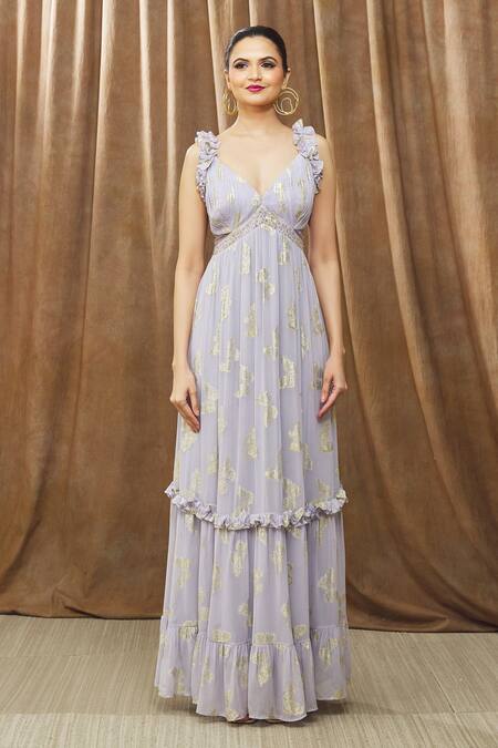 Bump Loving Purple Viscose, Polyester Ruffles Plunge Adonis Butterfly Pattern Maternity Gown Online at Aza Fashions Bump Loving_Purple Viscose, Polyester Ruffles Plunge Adonis Butterfly Pattern Maternity Gown_Online_at_Aza_Fashions