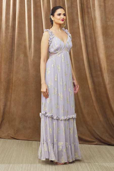 Buy Bump Loving Purple Viscose, Polyester Ruffles Plunge Adonis Butterfly Pattern Maternity Gown Online at Aza Fashions Buy_Bump Loving_Purple Viscose, Polyester Ruffles Plunge Adonis Butterfly Pattern Maternity Gown_Online_at_Aza_Fashions