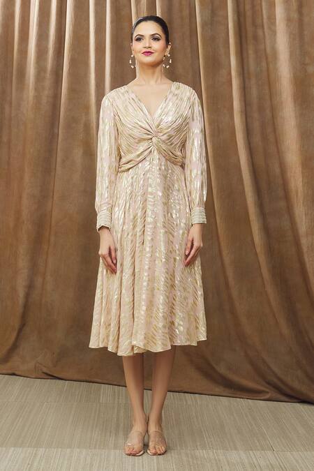 Bump Loving_Peach Viscose, Georgette, Polyester, Satin Aalia Front Twisted Maternity Dress _Online_at_Aza_Fashions