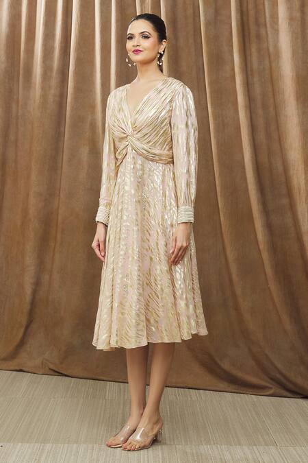 Buy_Bump Loving_Peach Viscose, Georgette, Polyester, Satin Aalia Front Twisted Maternity Dress _Online_at_Aza_Fashions