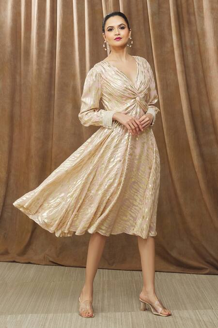 Shop_Bump Loving_Peach Viscose, Georgette, Polyester, Satin Aalia Front Twisted Maternity Dress _Online_at_Aza_Fashions