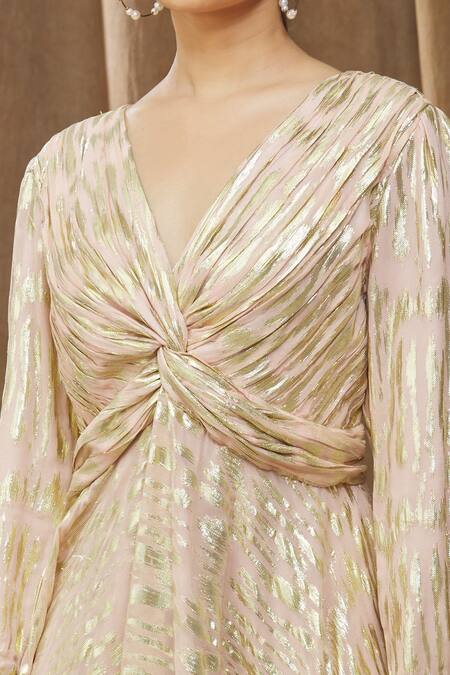 Bump Loving_Peach Viscose, Georgette, Polyester, Satin Aalia Front Twisted Maternity Dress _at_Aza_Fashions