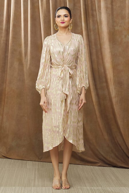 Bump Loving_Peach Viscose, Polyester Beads V-neck Nora Front Knotted Maternity Dress _Online_at_Aza_Fashions