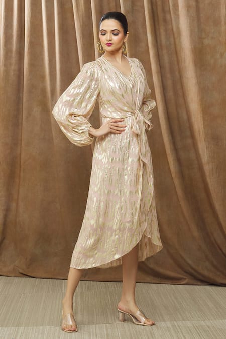 Shop_Bump Loving_Peach Viscose, Polyester Beads V-neck Nora Front Knotted Maternity Dress _Online_at_Aza_Fashions