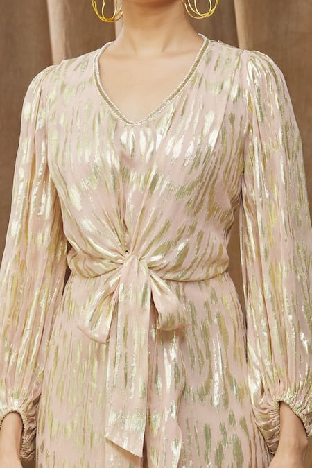 Bump Loving_Peach Viscose, Polyester Beads V-neck Nora Front Knotted Maternity Dress _at_Aza_Fashions