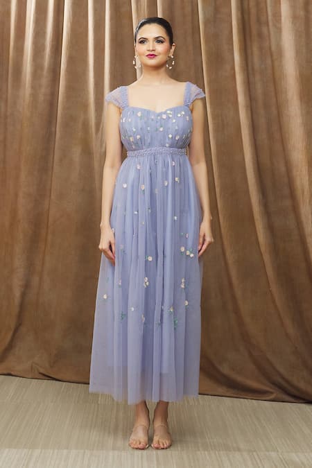 Bump Loving_Purple Tulle, Polyester Pearls Kiara Floral Embroidered Maternity Gown _Online_at_Aza_Fashions