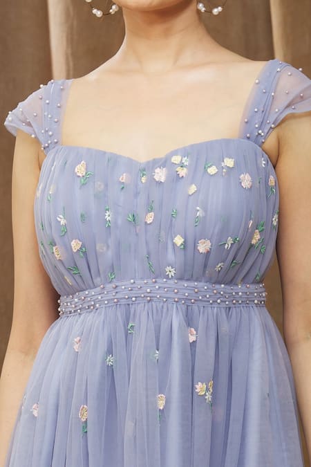 Bump Loving_Purple Tulle, Polyester Pearls Kiara Floral Embroidered Maternity Gown _at_Aza_Fashions