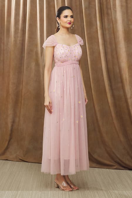 Buy_Bump Loving_Pink Tulle, Polyester Pearls, Embroidery Sweetheart Neck Daisy Maternity Gown _Online_at_Aza_Fashions