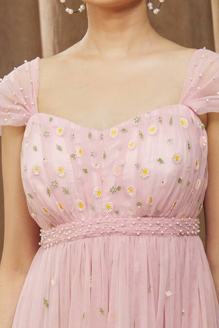 Bump Loving_Pink Tulle, Polyester Pearls, Embroidery Sweetheart Neck Daisy Maternity Gown _at_Aza_Fashions