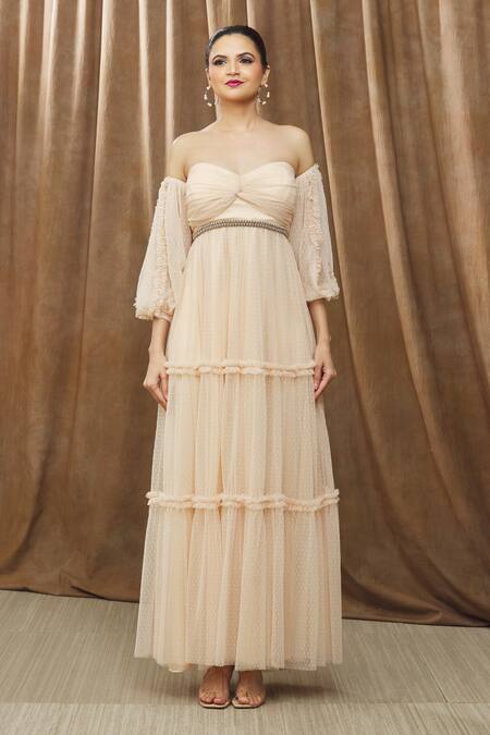 Bump Loving Peach Polyester, Satin, Net Sweetheart Neck Daphne Off-shoulder Maternity Gown at Aza Fashions Bump Loving_Peach Polyester, Satin, Net Sweetheart Neck Daphne Off-shoulder Maternity Gown_at_Aza_Fashions