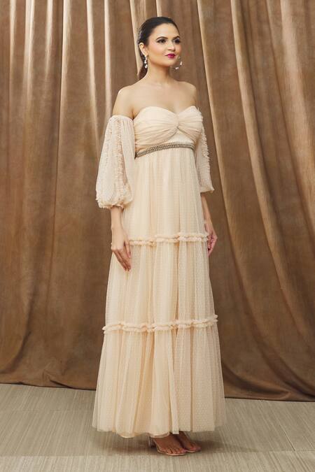 Bump Loving Peach Polyester, Satin, Net Sweetheart Neck Daphne Off-shoulder Maternity Gown Online at Aza Fashions Bump Loving_Peach Polyester, Satin, Net Sweetheart Neck Daphne Off-shoulder Maternity Gown_Online_at_Aza_Fashions