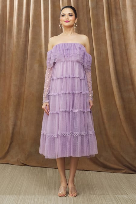 Bump Loving_Purple Polyester, Crepe Beads Cowl Neck, Zinnia Tiered Maternity Dress _at_Aza_Fashions