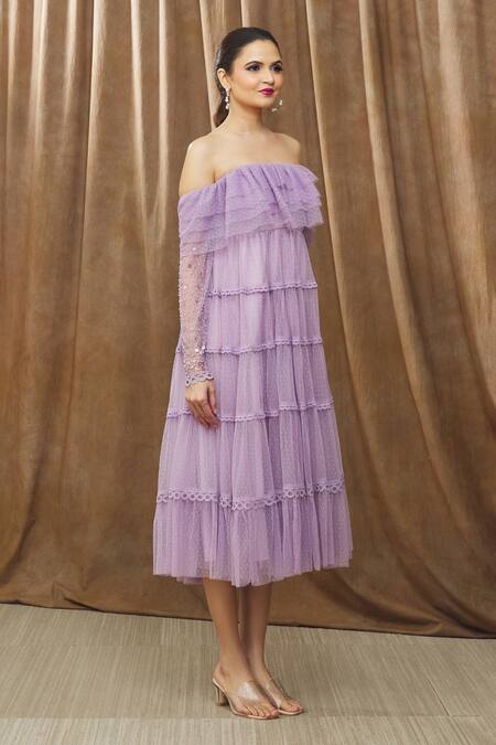 Bump Loving_Purple Polyester, Crepe Beads Cowl Neck, Zinnia Tiered Maternity Dress _Online_at_Aza_Fashions