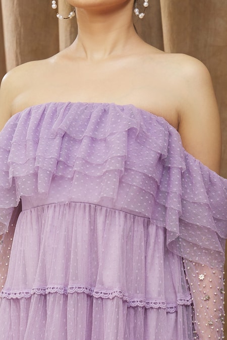 Shop_Bump Loving_Purple Polyester, Crepe Beads Cowl Neck, Zinnia Tiered Maternity Dress _Online_at_Aza_Fashions