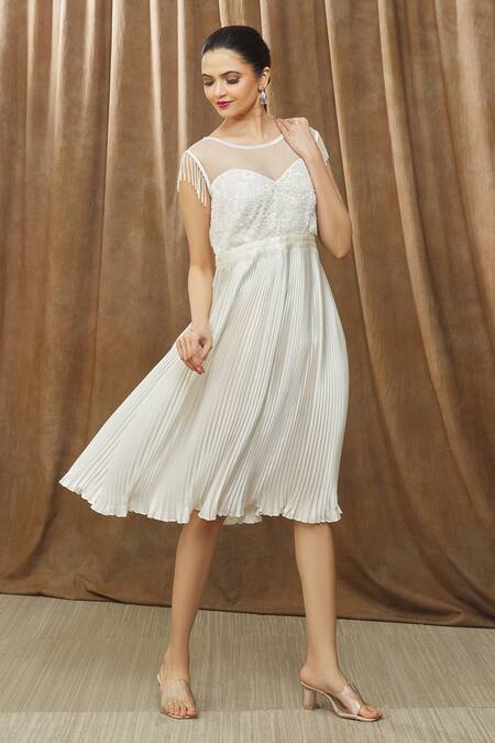 Shop Bump Loving White Polyester, Net Embroidery Boat Neck Eloise Bodice Maternity Dress Online at Aza Fashions Shop_Bump Loving_White Polyester, Net Embroidery Boat Neck Eloise Bodice Maternity Dress_Online_at_Aza_Fashions