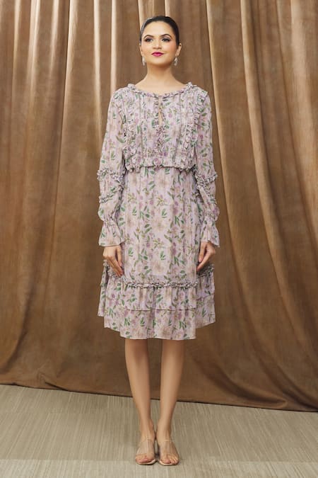 Bump Loving_Purple Viscose, Polyester Embroidery Boat Geogina Floral Print Maternity Dress _Online_at_Aza_Fashions