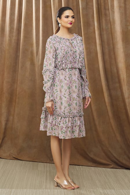 Buy_Bump Loving_Purple Viscose, Polyester Embroidery Boat Geogina Floral Print Maternity Dress _Online_at_Aza_Fashions