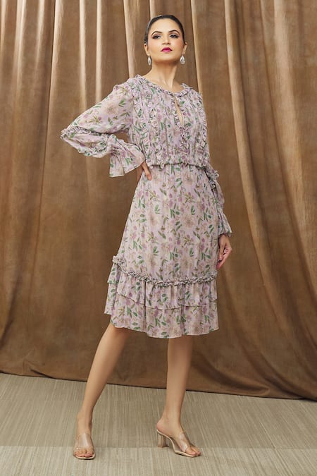 Shop_Bump Loving_Purple Viscose, Polyester Embroidery Boat Geogina Floral Print Maternity Dress _Online_at_Aza_Fashions